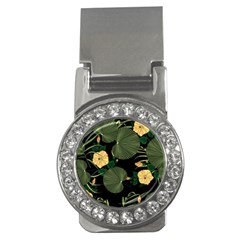 Tropical Vintage Yellow Hibiscus Floral Green Leaves Seamless Pattern Black Background  Money Clips (cz)  by Sobalvarro
