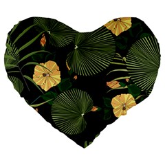 Tropical Vintage Yellow Hibiscus Floral Green Leaves Seamless Pattern Black Background  Large 19  Premium Heart Shape Cushions by Sobalvarro