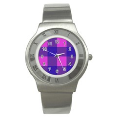 Blue And Pink Buffalo Plaid Check Squares Pattern Stainless Steel Watch by yoursparklingshop