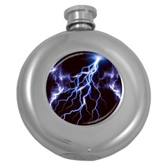 Blue Thunder At Night, Colorful Lightning Graphic Round Hip Flask (5 Oz) by picsaspassion