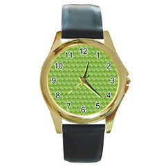 Green Pattern Ornate Background Round Gold Metal Watch by Dutashop