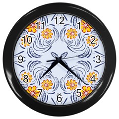 Floral Folk Damask Pattern Fantasy Flowers  Wall Clock (black) by Eskimos