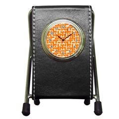 Illustration Orange Background Rectangles Pattern Pen Holder Desk Clock by Amaryn4rt