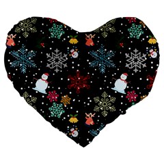 Illustration Xmas Christmas Thanks Giving Pattern Large 19  Premium Flano Heart Shape Cushions by danenraven