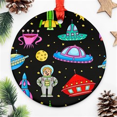 Seamless Pattern With Space Object Ufo Rocket Alien Hand Drawn Element Space Ornament (round) by Wegoenart