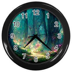 Magical Forest Forest Painting Fantasy Wall Clock (black) by danenraven