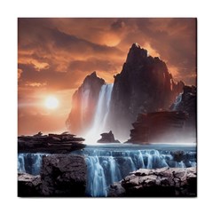 Water Waterfall Nature River Lake Planet Fantasy Tile Coaster by Uceng