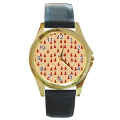 Red Christmas Tree Brown Round Gold Metal Watch by TetiBright