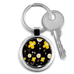 Daisy Flowers White Yellow Brown Black Key Chain (round) by Mazipoodles