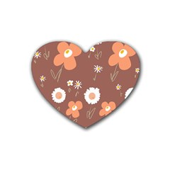Daisy Flowers Coral White Green Brown  Rubber Coaster (heart) by Mazipoodles