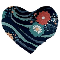 Waves Flowers Pattern Water Floral Minimalist Large 19  Premium Heart Shape Cushions by Ravend