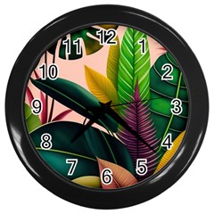 Ai Generated Tropical Leaves Foliage Wallpaper Wall Clock (black) by Ravend