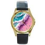 Summer Waves In Pink Ii Round Gold Metal Watch Front
