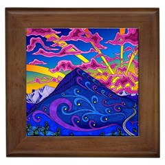 Psychedelic Colorful Lines Nature Mountain Trees Snowy Peak Moon Sun Rays Hill Road Artwork Stars Sk Framed Tile by Jancukart