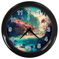 Tropical Island Fantasy Landscape Palm Trees Ocean Wall Clock (black) by Pakemis