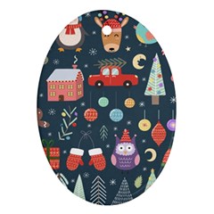 Vector Set Cute Christmas Elements Santa Penguin Deer Bear Fox Owl Trees Snowman Bird Angel More Oval Ornament (two Sides) by Semog4