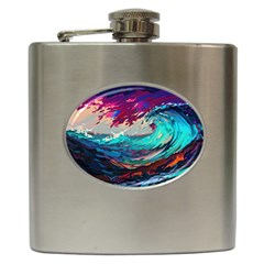 Tsunami Waves Ocean Sea Nautical Nature Water Painting Hip Flask (6 Oz) by Jancukart