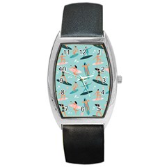 Beach-surfing-surfers-with-surfboards-surfer-rides-wave-summer-outdoors-surfboards-seamless-pattern- Barrel Style Metal Watch by Salman4z