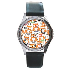 Cute-colorful-owl-cartoon-seamless-pattern Round Metal Watch by Salman4z
