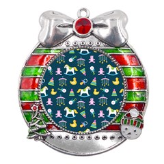 Cute Babies Toys Seamless Pattern Metal X mas Ribbon With Red Crystal Round Ornament by pakminggu