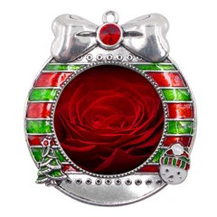 Rose Red Rose Red Flower Petals Waves Glow Metal X mas Ribbon With Red Crystal Round Ornament by pakminggu