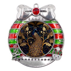 Peacock Plumage Bird  Pattern Graceful Metal X mas Ribbon With Red Crystal Round Ornament by pakminggu