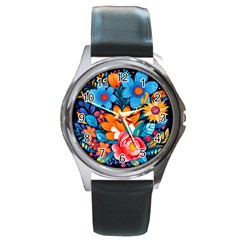 Flowers Bloom Spring Colorful Artwork Decoration Round Metal Watch by 99art