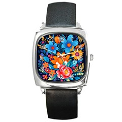 Flowers Bloom Spring Colorful Artwork Decoration Square Metal Watch by 99art