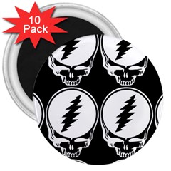 Black And White Deadhead Grateful Dead Steal Your Face Pattern 3  Magnets (10 Pack)  by 99art