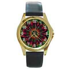 Multicolored Flower Mandala Wallpaper Kaleidoscope Pattern Round Gold Metal Watch by 99art