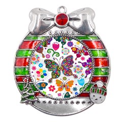 Butterflies Abstract Colorful Floral Flowers Vector Metal X mas Ribbon With Red Crystal Round Ornament by B30l