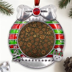 Brown And Green Floral Print Textile Ornament Pattern Texture Metal X mas Ribbon With Red Crystal Round Ornament by danenraven