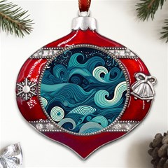 Waves Ocean Sea Abstract Whimsical Abstract Art Metal Snowflake And Bell Red Ornament by Cowasu