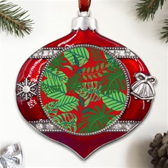 Leaves Leaf Nature Pattern Red Green Metal Snowflake And Bell Red Ornament by Cowasu