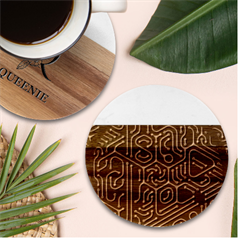 Circuit Hexagonal Geometric Pattern Background Pattern Marble Wood Coaster (round) by Wav3s