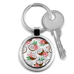 Seamless Pattern Coconut Piece Palm Leaves With Pink Hibiscus Key Chain (round) by Vaneshart
