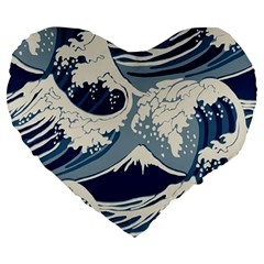 Japanese Wave Pattern Large 19  Premium Flano Heart Shape Cushions by Wav3s