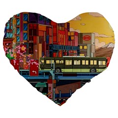 The City Style Bus Fantasy Architecture Art Large 19  Premium Flano Heart Shape Cushions by Grandong