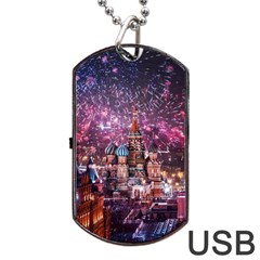 Moscow Kremlin Saint Basils Cathedral Architecture  Building Cityscape Night Fireworks Dog Tag Usb Flash (two Sides) by Cowasu