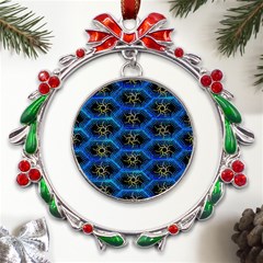 Blue Bee Hive Pattern- Metal X mas Wreath Ribbon Ornament by Amaryn4rt