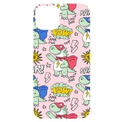 Seamless-pattern-with-many-funny-cute-superhero-dinosaurs-t-rex-mask-cloak-with-comics-style-inscrip Iphone 14 Plus Black Uv Print Case by uniart180623