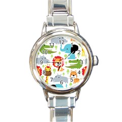 Seamless-pattern-vector-with-animals-cartoon Round Italian Charm Watch by uniart180623