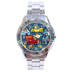 Seamless Pattern Vehicles Cartoon With Funny Drivers Stainless Steel Analogue Watch by Simbadda