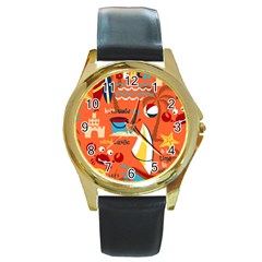 Seamless Pattern Vector Beach Holiday Theme Set Round Gold Metal Watch by Simbadda