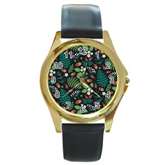 Pattern Forest Leaf Fruits Flowers Motif Round Gold Metal Watch by Amaryn4rt