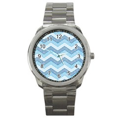 Seamless Pattern Of Cute Summer Blue Line Zigzag Sport Metal Watch by Grandong