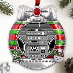 Boombox Metal X mas Ribbon With Red Crystal Round Ornament by Sarkoni