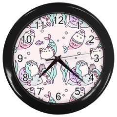 Cartoon Cat Cute Animal Kawaii Pastel Pattern Wall Clock (black) by Ndabl3x