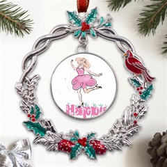 Happy Girl Metal X mas Wreath Holly Leaf Ornament by SychEva