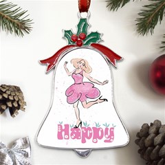 Happy Girl Metal Holly Leaf Bell Ornament by SychEva
